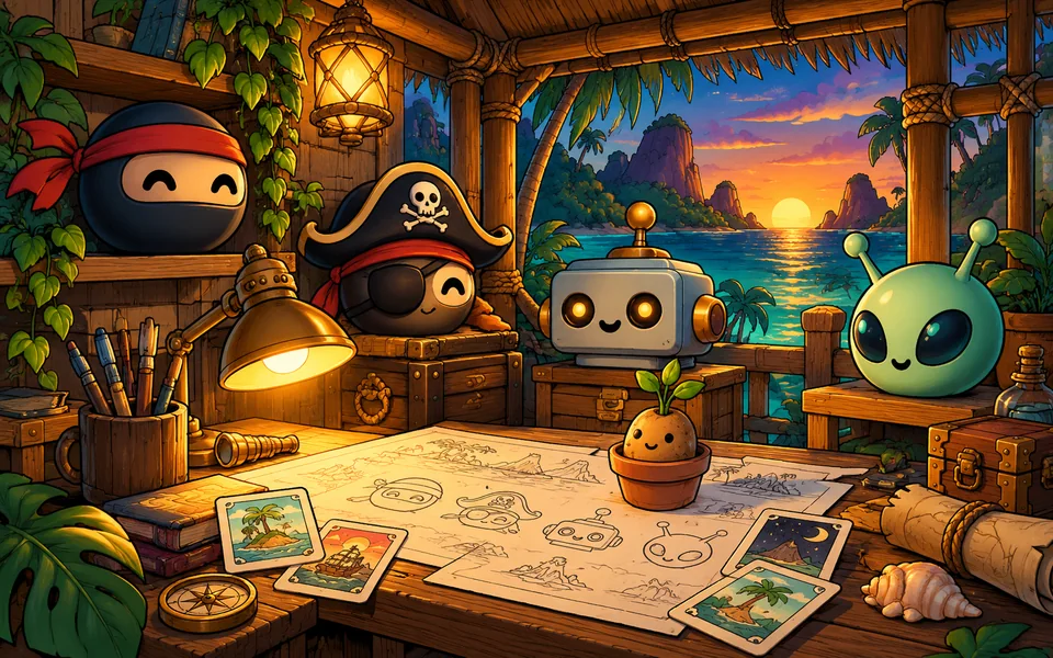 Illustrated island workshop with ninja, pirate, robot and alien mascots