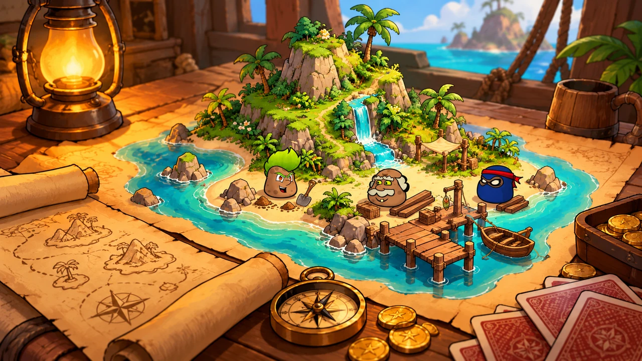 Ace, Pampa, and Ninja oversee a tropical island diorama on a pirate captain's worktable