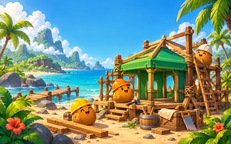 Potato workers building a card-table pavilion on a tropical island
